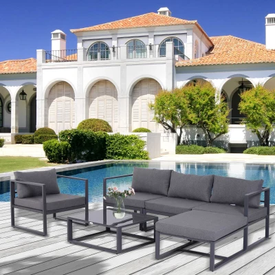Outsunny 6 PCs Outdoor Indoor Sectional Sofa Set Thick Padded Cushions Aluminium Frame 5 Seaters 1 Coffee Table Footrest Grey
