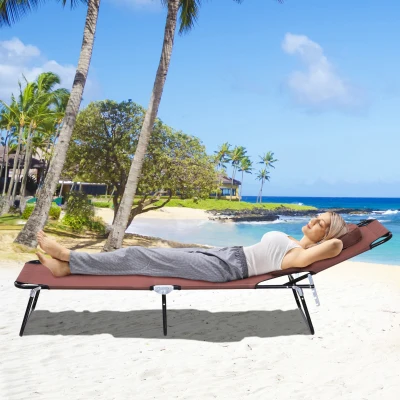Outsunny Outdoor Foldable Sun Lounger, 4 Level Adjustable Backrest Reclining Sun Lounger Chair with Pillow and Reading Hole, Brown