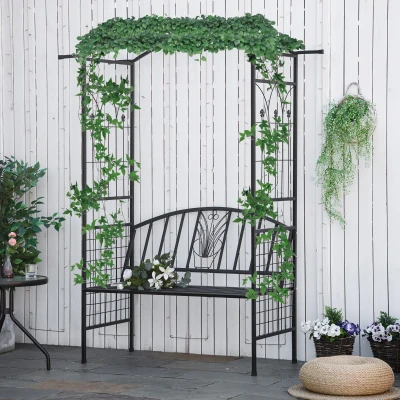 Outsunny Steel Frame Outdoor Garden Arch w/ 2-Seater Bench Flower Climber Black