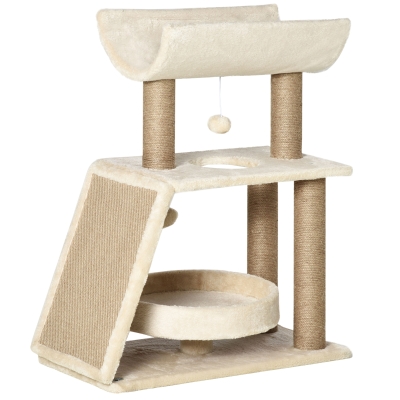 PawHut Krabpaal Kattenboom, inclusief speelgoed en kattenbed, 60 cm x 30 cm x 76 cm, Crème + Natuur