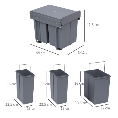 HOMCOM Cubo Basura Extraible Bajo Fregadero con 3 Contenedores de Reciclaje Clasificación de Residuos 48x34,2x41,8 cm Gris(m-3)