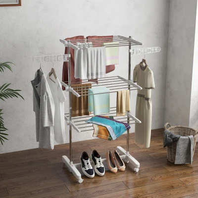 HOMCOM Folding Cloth Rail Adjustable Garment Rack With Wheels (3 Layer)
