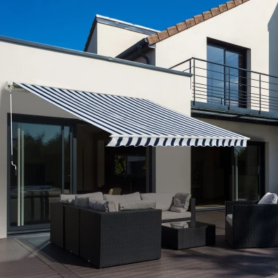 Outsunny Manual Retractable Awning 3x2.5m Blue/White Stripes