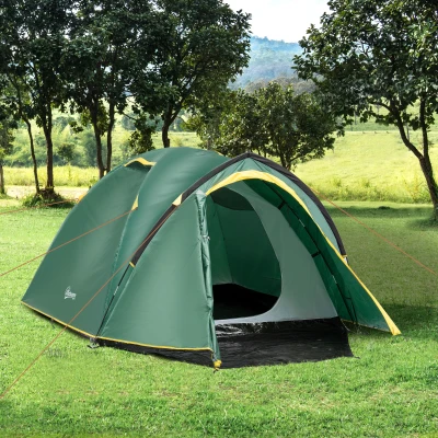 Outsunny Camping Dome Tent 2 Room for 3-4 Person with Weatherproof Vestibule Backpacking Tent Large Windows Lightweight for Fishing & Hiking Green