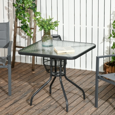 Outsunny Mesa de Jardim Quadrada 76x76x72 cm com Orifício para Chapéu de Sol e Tampo de Vidro Temperado para Pátio Terraço Preto