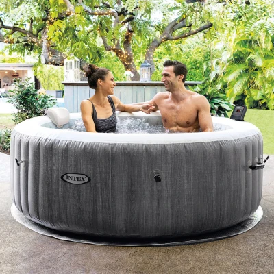 INTEX 28440EX - Pure Spa Greywood Deluxe 196X71Cm 4 Posti Con Pompa, Riscaldatore, Sistema Purificazione Acqua, 2 Poggia Testa, Luce Led Multi Color