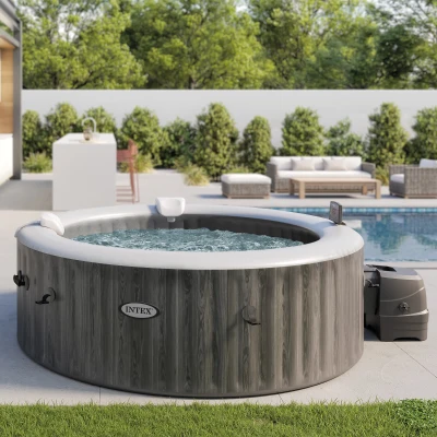 INTEX 28442EX - Pure Spa Greywood Deluxe 216X71Cm 6 Posti Con Pompa, Riscaldatore, Sistema Purificazione Acqua, 2 Poggia Testa, Luce Led Multi Color