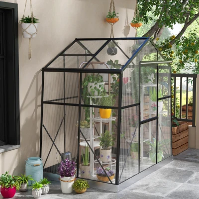 Outsunny Szklarnia Aluminium 131 x 192 x 203 cm 2,51 m² z Oknem, Drzwiami Przesuwnymi, Podstawą, Domkiem dla Pomidorów do Ogrodu, Balkonu, Kolor Czarny