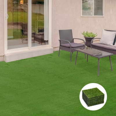Outsunny Rolka Sztuczna Trawa 10 Sztuk Maty Trawnikowe Dywanik Rolny Sztuczny Trawnik na Balkon Ogród 25 mm Plastik Ciemnozielony 30 x 30 cm