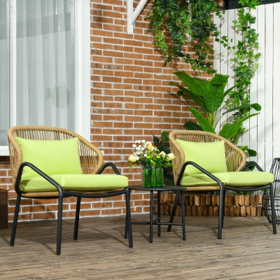 Outsunny Zestaw mebli ogrodowych rattanowych, 3-częściowy, poduszki na siedzisko i oparcie, rattan sztuczny, rama metalowa, Zielony