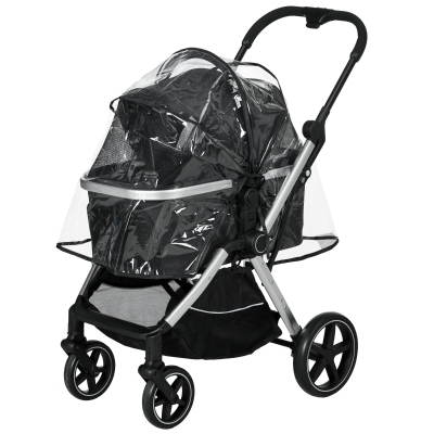 PawHut wózek dla psa z osłoną przeciwdeszczową, wózek dla zwierząt, wózek dla kota ze smyczami bezpieczeństwa, wózek dla małego psa, czarny, 84 x 58 x 110 cm