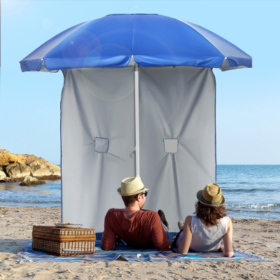 Outsunny Parasol plażowy z boczną ścianką, regulowany, 2 kieszenie oraz 2 okna, w tym torba transportowa, Ø191 x 211 cm, Niebieski+Biały