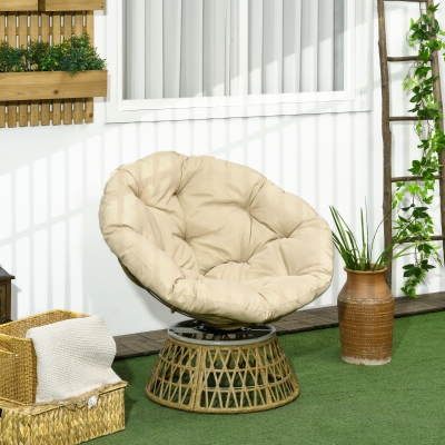 Outsunny Fotel wiklinowy Fotel ogrodowy Boho Styl, odporny na warunki atmosferyczne, 85 cm x 70 cm x 82 cm, Krem + Natur