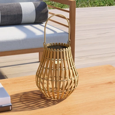 Outsunny Lampa zewnętrzna solarna, 3 poziomy jasności, Automatyczne działanie, Abażur z bambusa, Ø18,5 x 22 cm