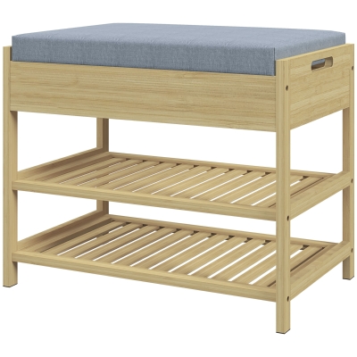 HOMCOM Shoe Bench Shoe Rack, 2 Shelves, Seat Cushion, Bamboo, 55 cm x 35 cm x 46 cm, Gray + Natural