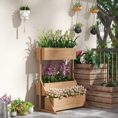 Outsunny Houten verhoogde plantenbak met 3 bloembakken, weerbestendig, voorzien van drainagegaten, met binnenbekleding, natuurlijk houten frame, afmetingen 108 x 80 x 140 cm