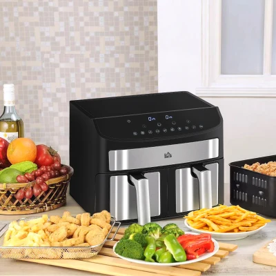 HOMCOM Heißluftfritteuse Multifunktionale Heißluftfritteuse,  8 L Fassungsvermögen, 2 Körbe, 60 min Time, Silber + Schwarz