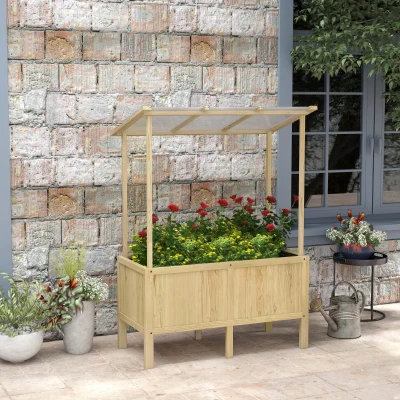 Outsunny Houten verhoogde plantenbak met dak, afwateringsgaten, voering van vliesdoek, weerbestendig, sparrenhout, 110x60x152 cm