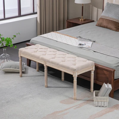 HOMCOM Vintage Design Vintage Bench, Button Tufting, Turned Legs, Shabby Chic, Cream + White