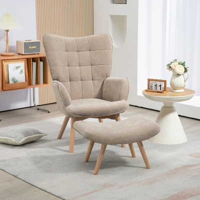HOMCOM Fotel Akcentowy w Skandynawskim Designie, Fotel z uszami, Zestaw foteli, Drewno bukowe, Wygląd sztruksu, Szary