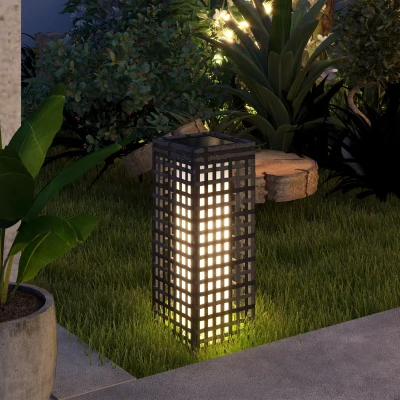 Outsunny Lampa solarna rattanowa, wodoodporna lampa ogrodowa z czujnikiem światła, automatyczna lampa LED, oświetlenie zewnętrzne na balkon, stal, szary, 15,5 x 15,5 x 46 cm