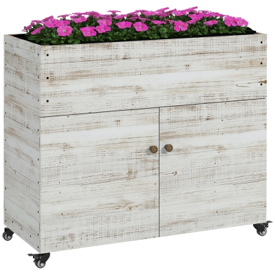 Outsunny Houten plantenbak op wielen, kastje, interieurvoering, vintage look, 110x50x95 cm, wit