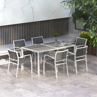 Outsunny Conjunto de Refeição de Jardim de 7 Peças com 1 Mesa e 6 Cadeiras Empilháveis Estilo Moderno Branco e Cinza