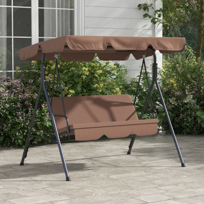 Outsunny Baloiço de Jardim de 3 Lugares com Almofada Toldo Ajustável e Estrutura de Aço para Balcão Terraço 172x110x153 cm Marróm