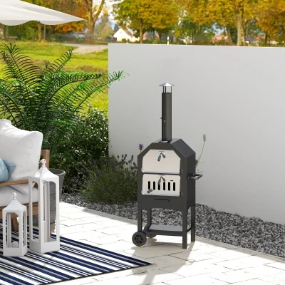 Outsunny Forno de Pizza Exterior com 2 Camadas Forno a Lenha com Rodas Gaveta Removível Prateleira para Jardim 64x54x160 cm Preto