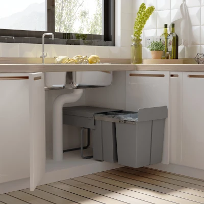 HOMCOM Cubo Basura Extraible Bajo Fregadero con 3 Contenedores de Reciclaje Clasificación de Residuos 48x34,2x41,8 cm Gris(m-2)