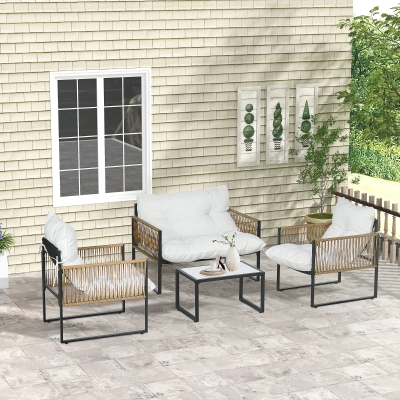 Outsunny Conjunto de Móveis de Jardim de Vime Sintético 4 Peças com 2 Poltronas 1 Sofá de 2 Lugares 1 Mesa de Centro e Almofadas Creme