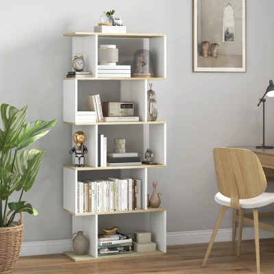 HOMCOM Estante para Livros Estilo Nórdico Estante com 5 Prateleiras Anti-Tombo Carga 25 kg 70x29,5x163 cm Branco e Madeira