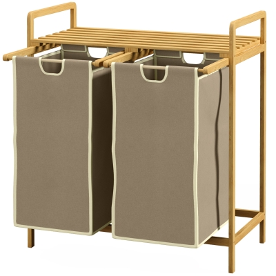 HOMCOM Kosz na bieliznę z 2 workami na pranie, 1 półką, bambus, 63,5 cm x 33 cm x 73 cm, Jasnoszary + Naturalny