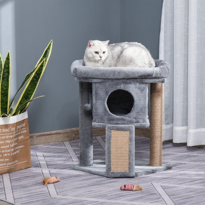 PawHut Árvore Arranhador para Gatos Pequenos Arranhador para Gatos com Poste de Juta Rampa Caverna e Bola Suspensa 40x40x57 cm Cinza