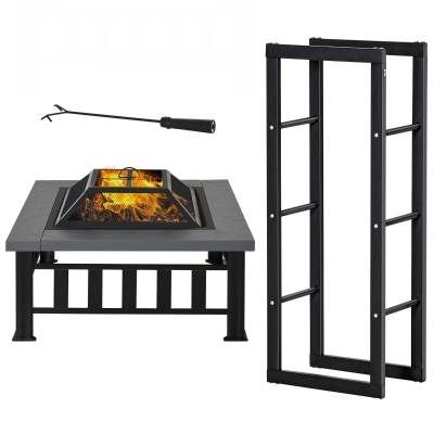 Outsunny Brasero Métal Noir avec Étagère Porte-Bûches 100 kg