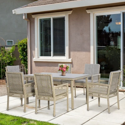 Outsunny Conjunto de Muebles de Comedor para Jardín Juego de Ratán Sintético 1 Mesa y 6 Sillas con Cojines Gris y Natural