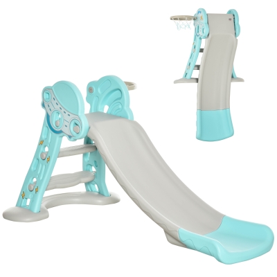 HOMCOM Escorrega Infantil Dobrável com Cesta de Basquetebol para Crianças acima de 18 meses Modelo Disco Voador para Interiores e Exteriores 140x87x75cm Azul e Cinza