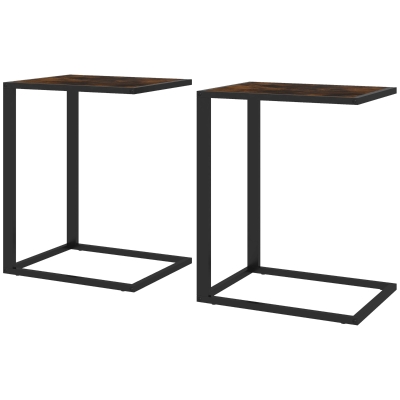 HOMCOM C-Shaped Side Table Set of 2 Metal Frame Brown/Black