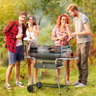 Outsunny Charcoal Barbecue Grill BBQ Trolley - with Double Grill, Side Table, Storage Shelf, and Wheels for Outdoor Cooking, 130 x 51 x 111cm, Black