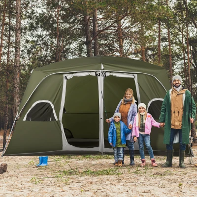 Outsunny Tenda de Campismo Familiar para 4-5 Pessoas com 2 Quartos 2 Bolsos e Janelas com Malha Impermeável 400x275x210 cm Verde