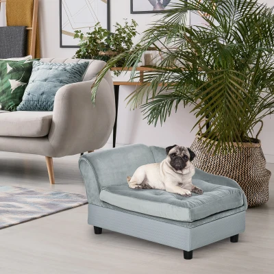 PawHut sofa dla pupila z matą, legowisko dla psa, mata dla psa, sofa dla psa ze skrzynią, naturalne drewno+plusz, jasnoniebieski, 76 x 45 x 41,5 cm legowisko dla psa mata dla psa mata skrzynia naturalne drewno+plusz
