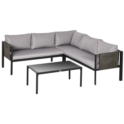 Outsunny 4 Piece Metal Garden Furniture Set, Includes Tempered Glass Coffee Table, Breathable Mesh Pocket, Outdoor Conversational Corner Sofa Loveseat, with Padded Cushions - Light Grey