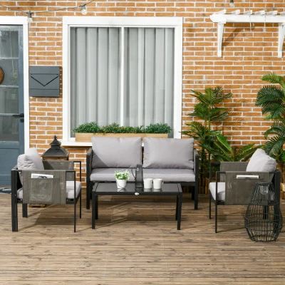 Outsunny 4 Piece Metal Garden Furniture Set - Includes Tempered Glass Coffee Table, Texteline Pocket, Outdoor Patio Set with Loveseat, Single Armchairs and Padded Cushions, Light Grey