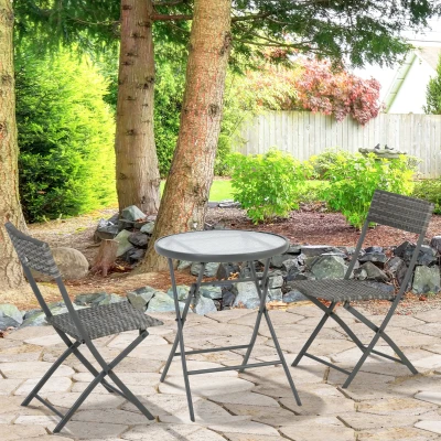 Outsunny 3 Pieces Outdoor PE Rattan Bistro Set - Foldable Wicker Conversation Balcony Furniture Set with Glass Top Table and Chairs, Grey