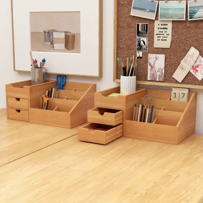 HOMCOM Lot 2 Organiseurs Bureau Bambou 7 Compartiments 2 Tiroirs