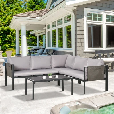 Outsunny 4 Piece Metal Garden Furniture Set, Includes Tempered Glass Coffee Table, Breathable Mesh Pocket, Outdoor Conversational Corner Sofa Loveseat, with Padded Cushions - Light Grey