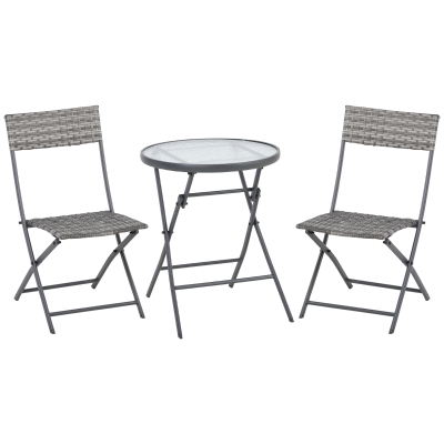 Outsunny 3 Pieces Outdoor PE Rattan Bistro Set - Foldable Wicker Conversation Balcony Furniture Set with Glass Top Table and Chairs, Grey