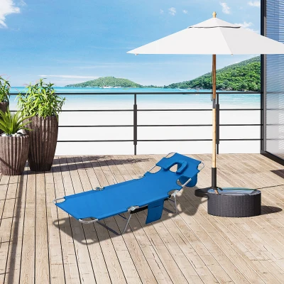 Outsunny Foldable Sun Lounger with Reading Hole, Portable Sun Lounger with 5 Level Adjustable Backrest, Reclining Lounge Chair with Side Pocket, Headrest Pillow, Blue