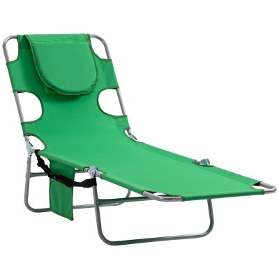 Outsunny Foldable Sun Lounger with Reading Hole, Portable Sun Lounger with 5 Level Adjustable Backrest, Reclining Lounge Chair with Side Pocket, Headrest Pillow, Green