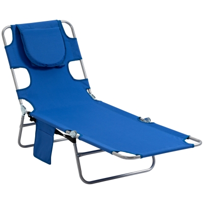 Outsunny Foldable Sun Lounger with Reading Hole, Portable Sun Lounger with 5 Level Adjustable Backrest, Reclining Lounge Chair with Side Pocket, Headrest Pillow, Blue